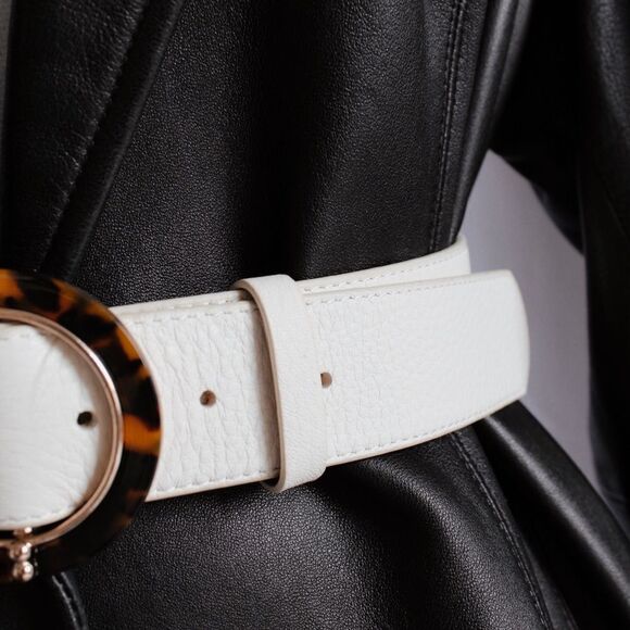 Talbots Round Leopard Buckle Beige Leather Waist Belt - Picture 3 of 11